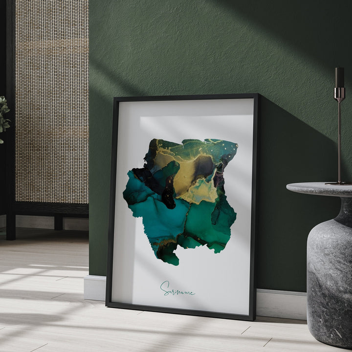 Suriname Map Emerald Green and Gold Wall Art Print
