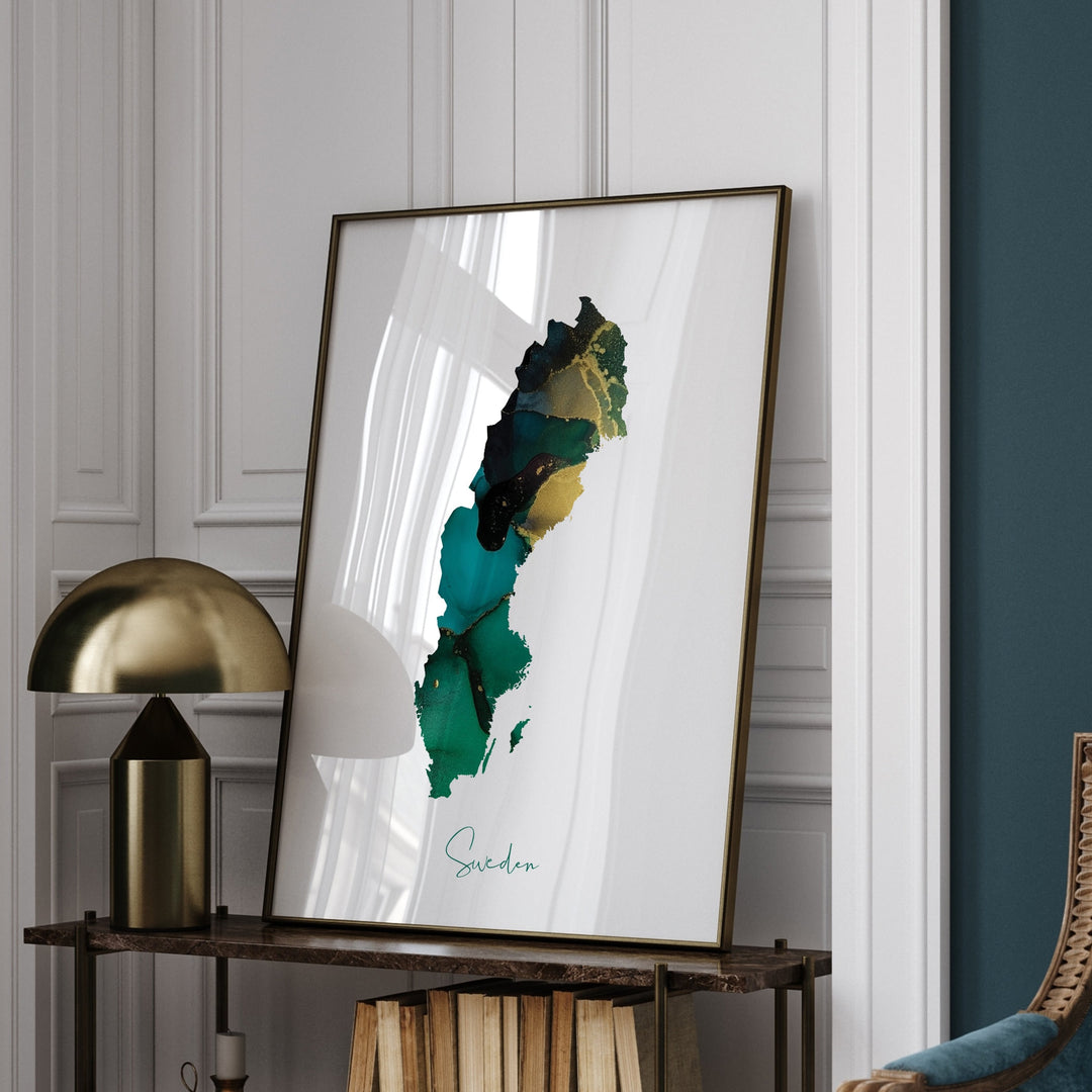 Sweden Map Emerald Green and Gold Wall Art Print