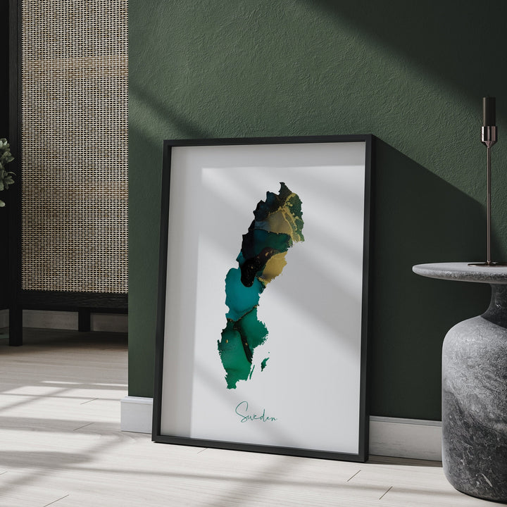 Sweden Map Emerald Green and Gold Wall Art Print