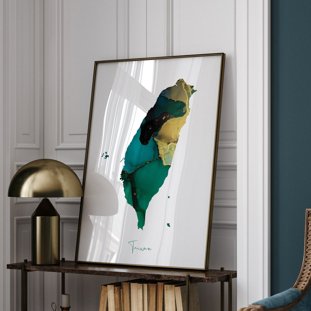 Taiwan Map Emerald Green and Gold Wall Art Print