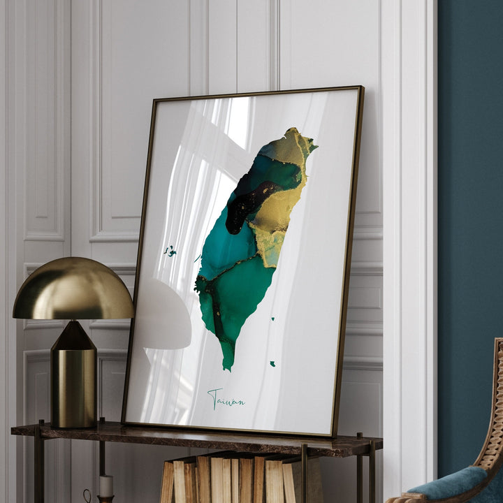 Taiwan Map Emerald Green and Gold Wall Art Print