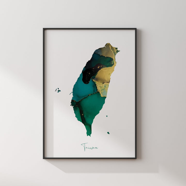 Taiwan Map Emerald Green and Gold Wall Art Print