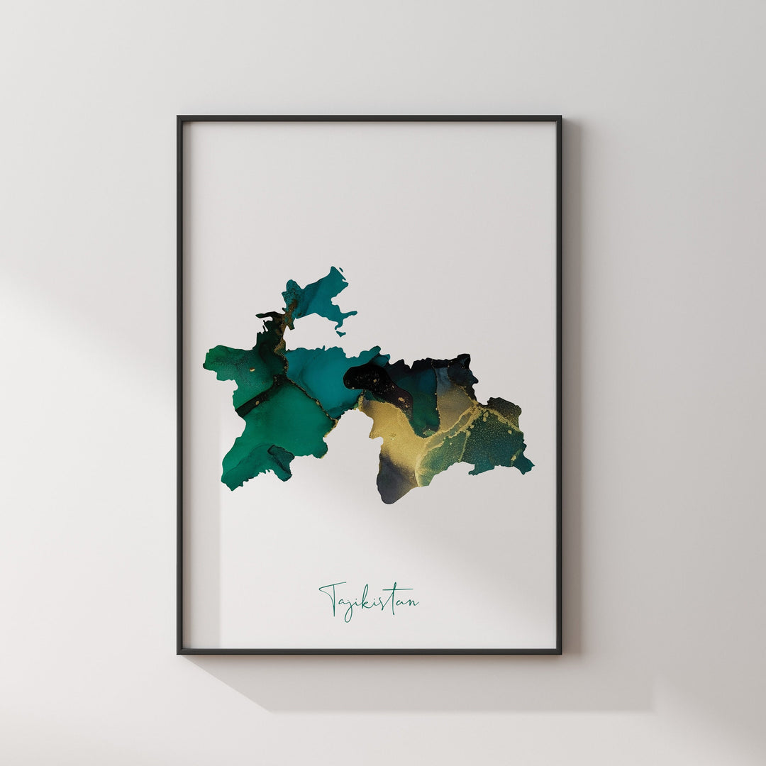 Tajikistan Map Emerald Green and Gold Wall Art Print