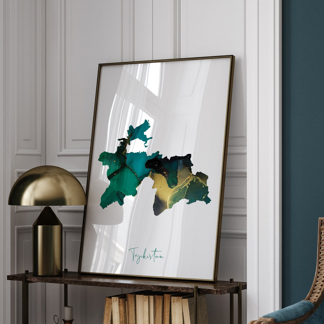Tajikistan Map Emerald Green and Gold Wall Art Print