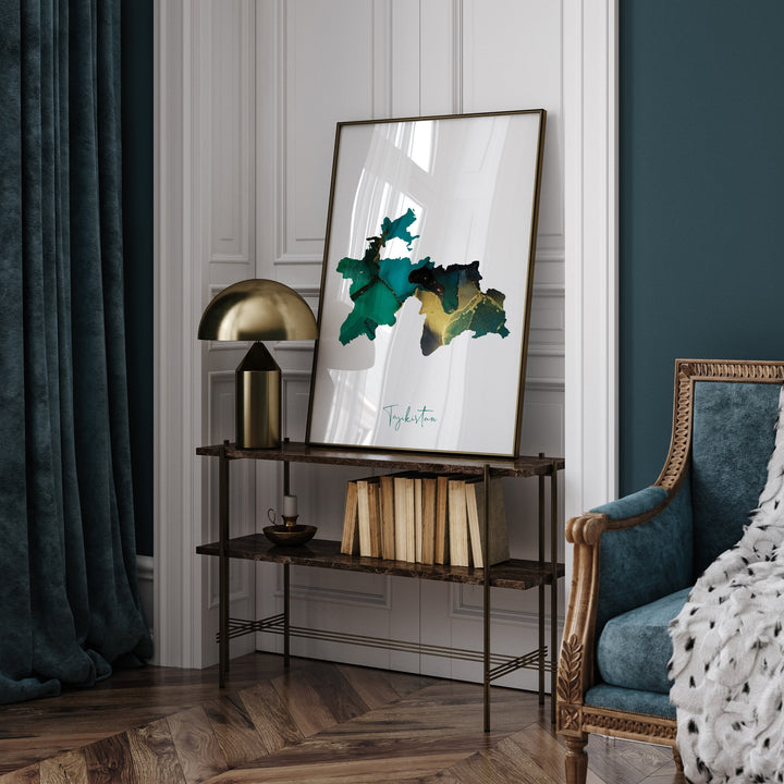 Tajikistan Map Emerald Green and Gold Wall Art Print