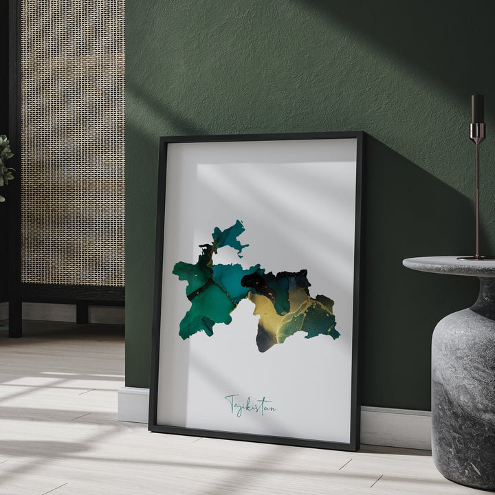 Tajikistan Map Emerald Green and Gold Wall Art Print