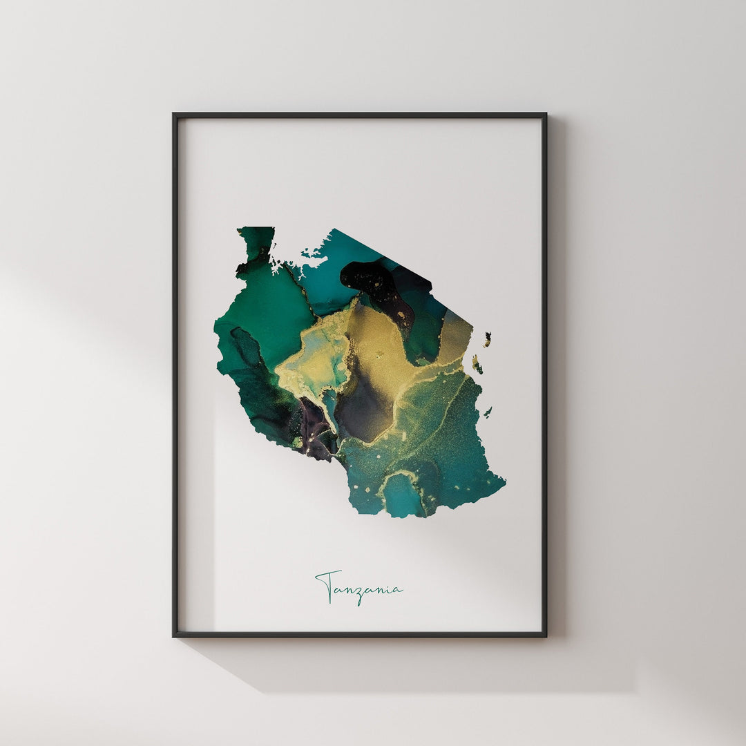 Tanzania Map Emerald Green and Gold Wall Art Print