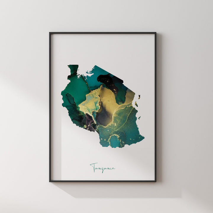 Tanzania Map Emerald Green and Gold Wall Art Print