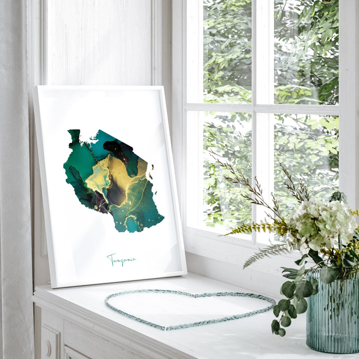 Tanzania Map Emerald Green and Gold Wall Art Print