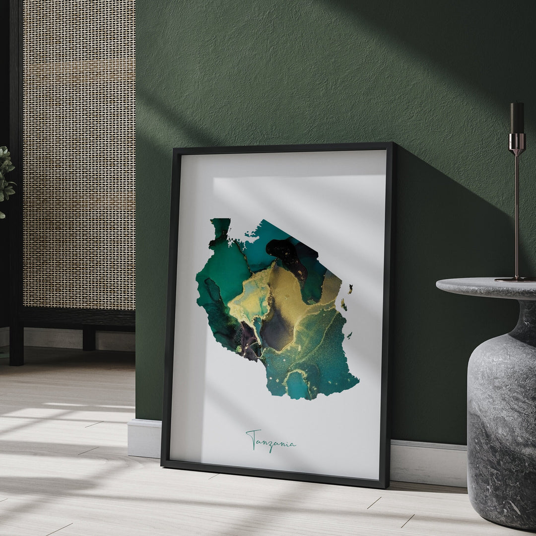 Tanzania Map Emerald Green and Gold Wall Art Print