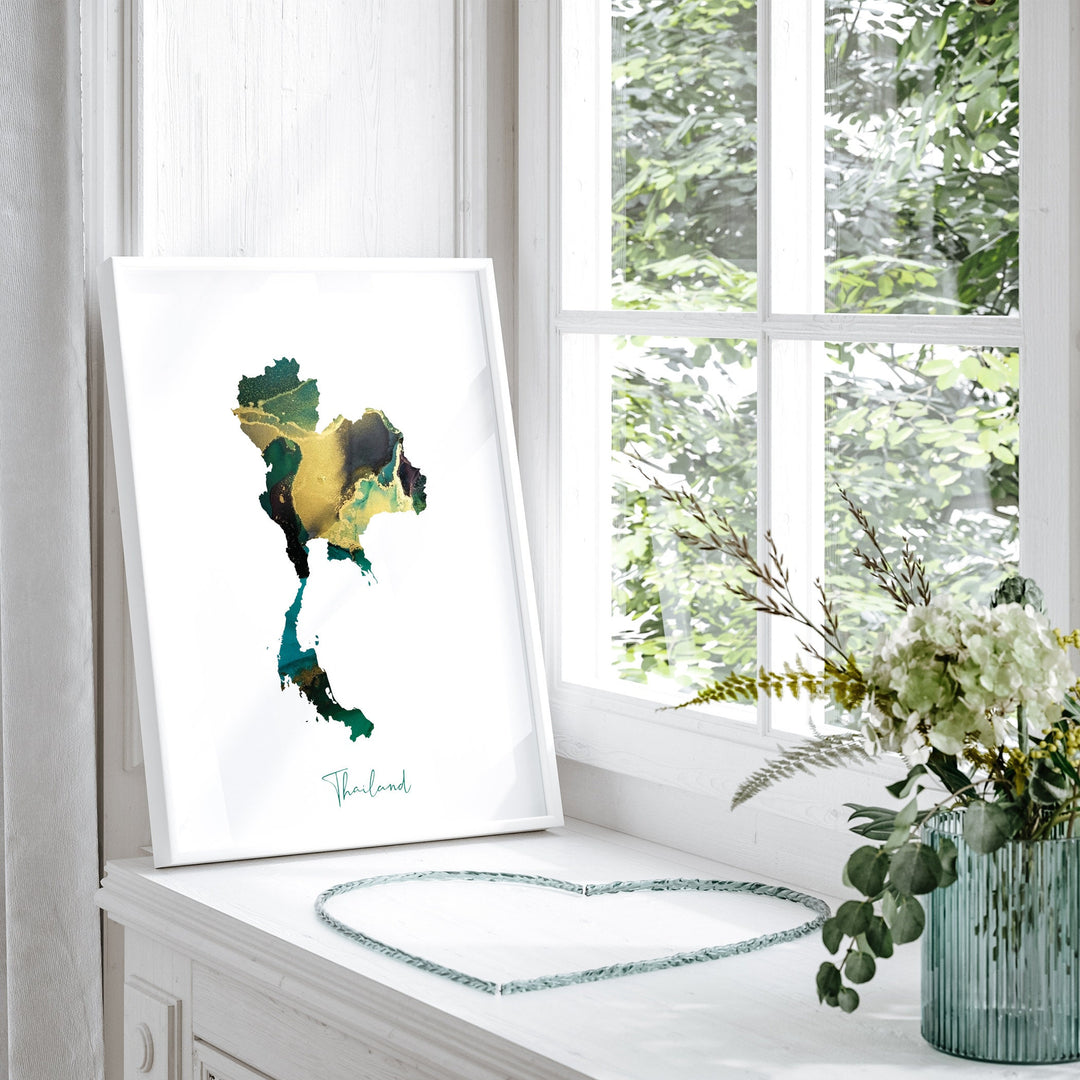 Thailand Map Emerald Green and Gold Wall Art Print