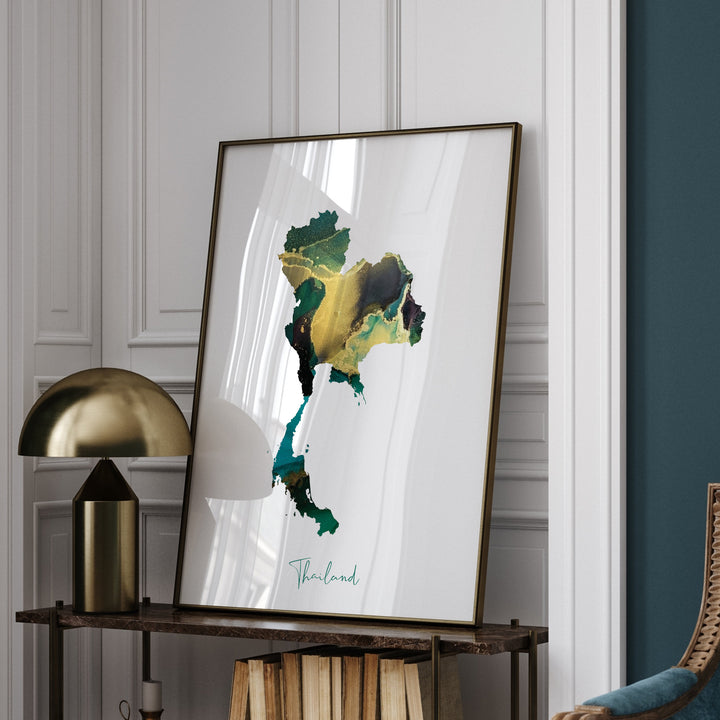Thailand Map Emerald Green and Gold Wall Art Print