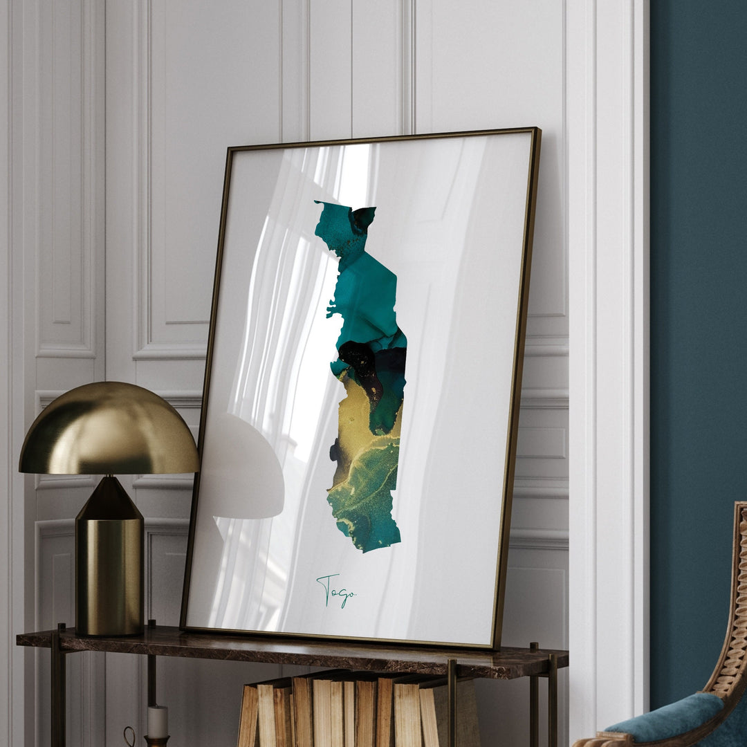 Togo Map Emerald Green and Gold Wall Art Print