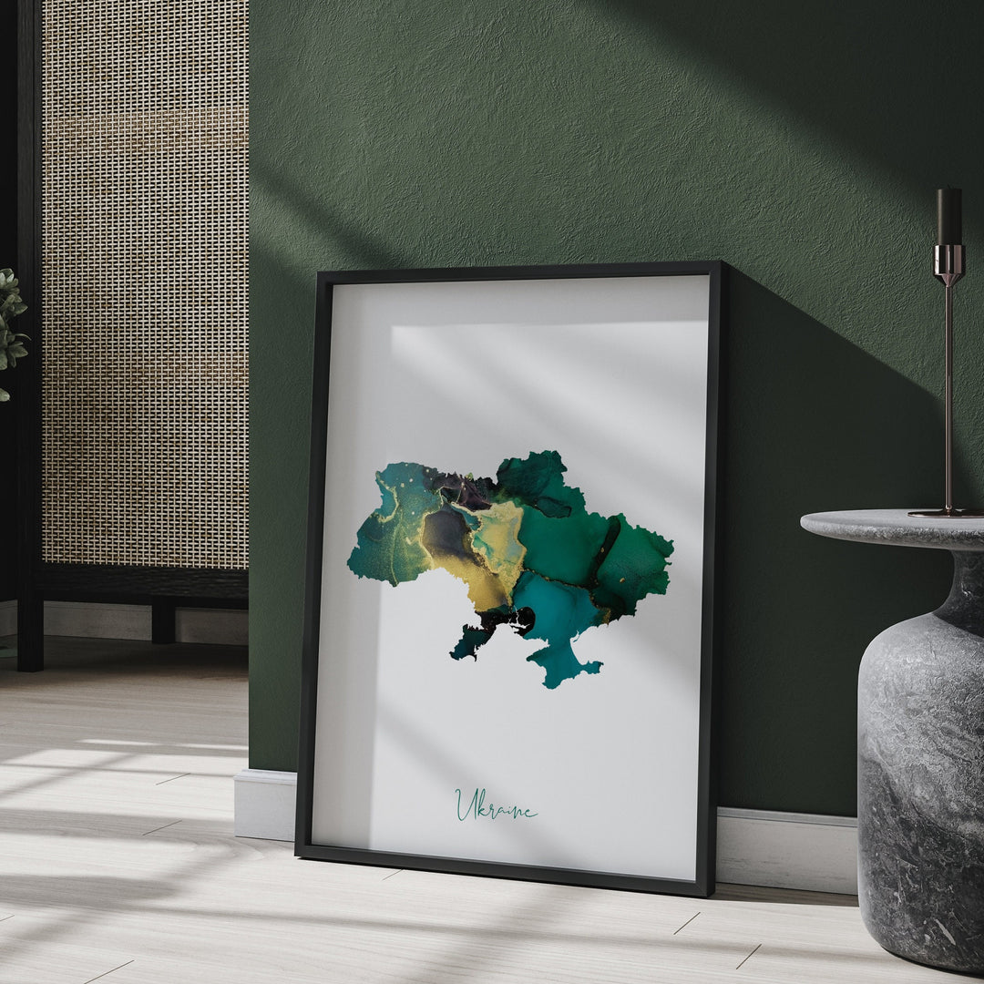 Ukraine Map Emerald Green and Gold Wall Art Print