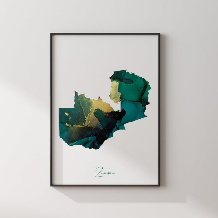 Zambia Map Emerald Green and Gold Wall Art Print