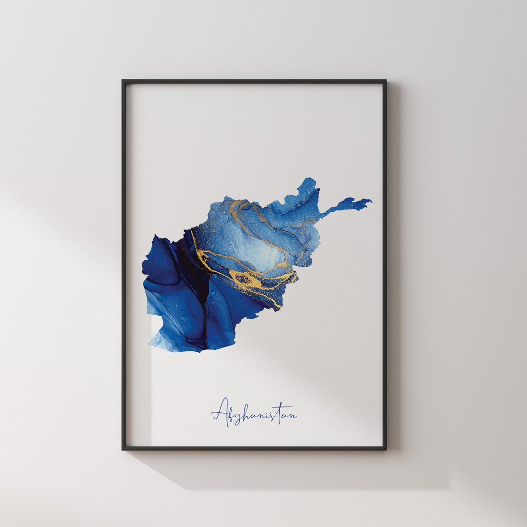 Afghanistan Map Blue and Gold Wall Art Print