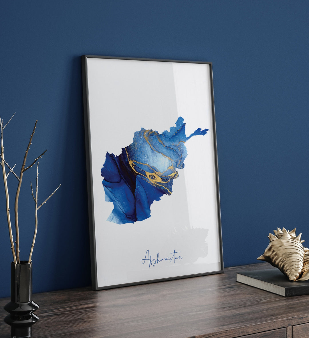 Afghanistan Map Blue and Gold Wall Art Print