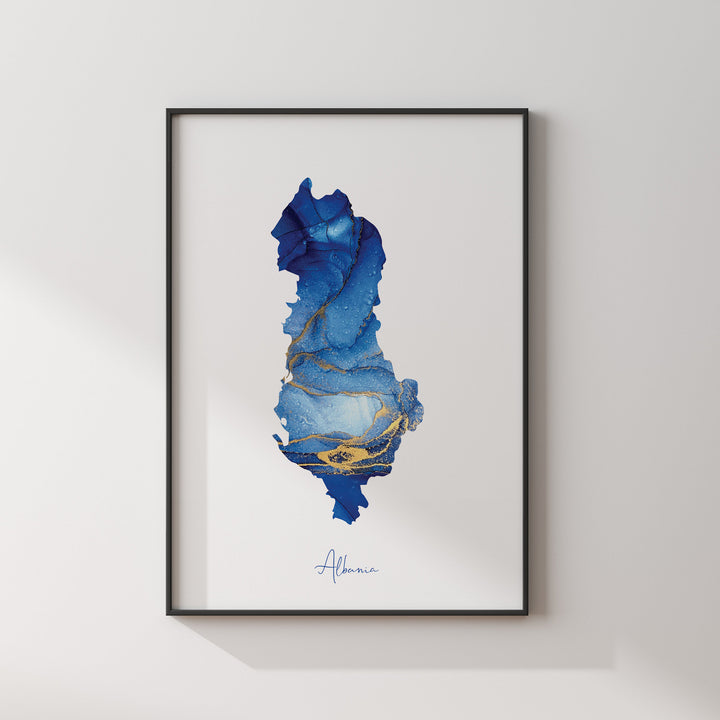 Albania Map Blue and Gold Wall Art Print