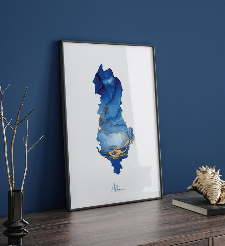 Albania Map Blue and Gold Wall Art Print