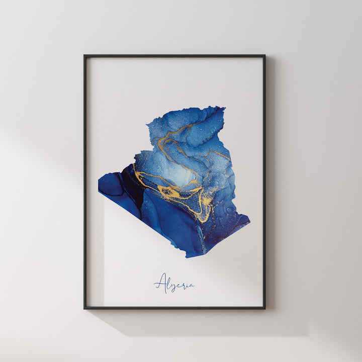 Algeria Map Blue and Gold Wall Art Print