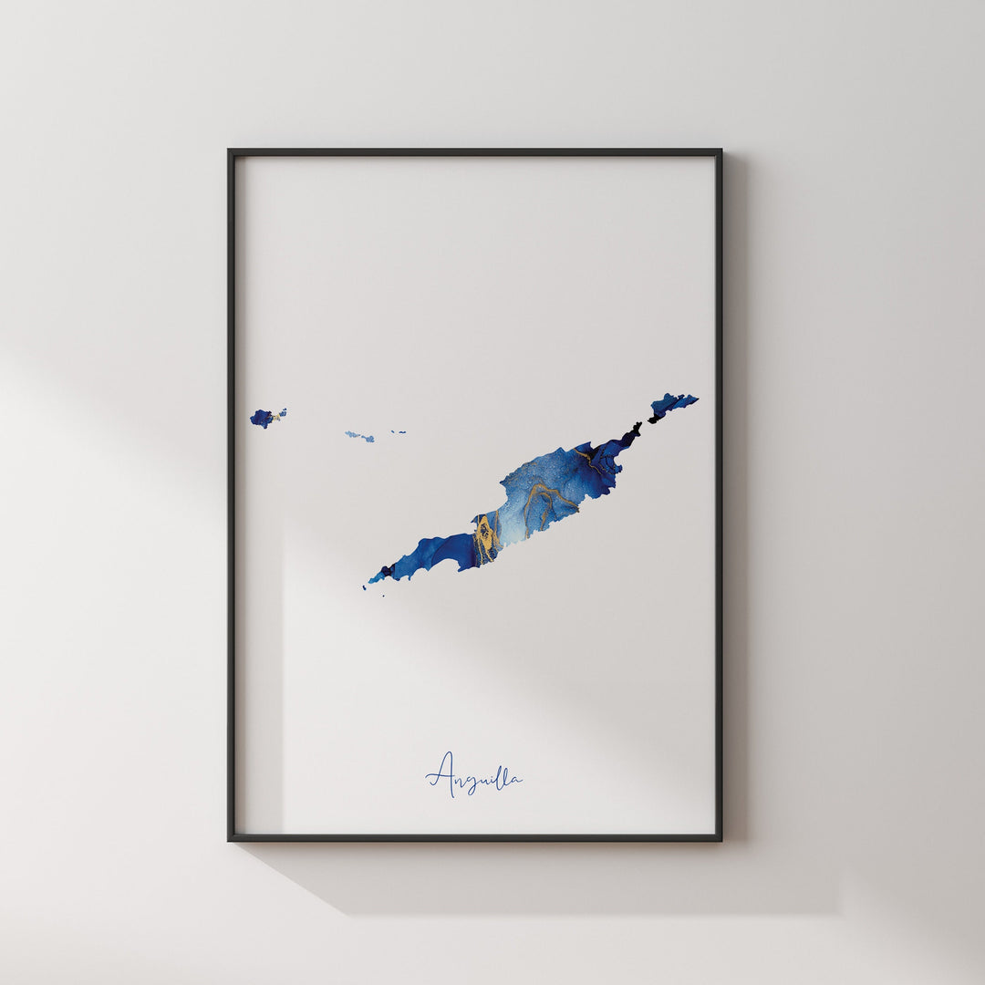 Anguilla Map Blue and Gold Wall Art Print