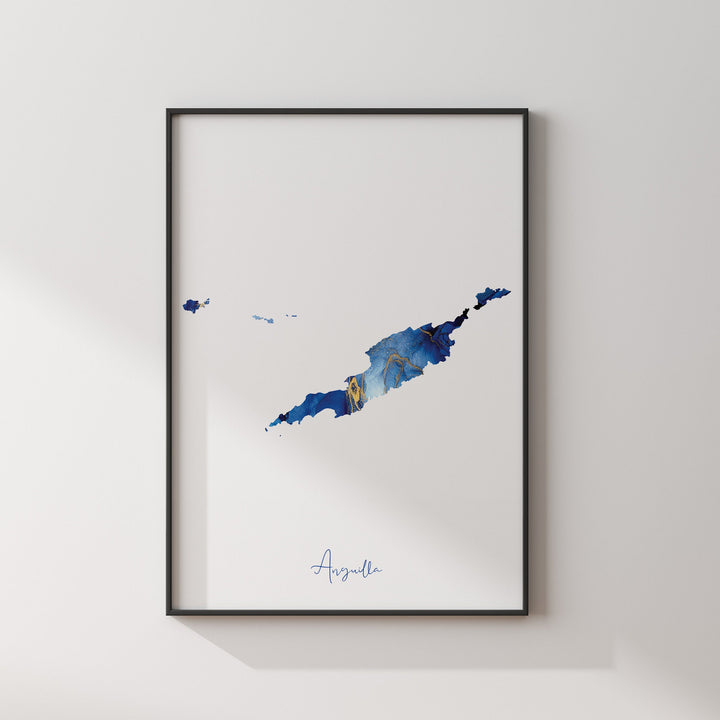 Anguilla Map Blue and Gold Wall Art Print