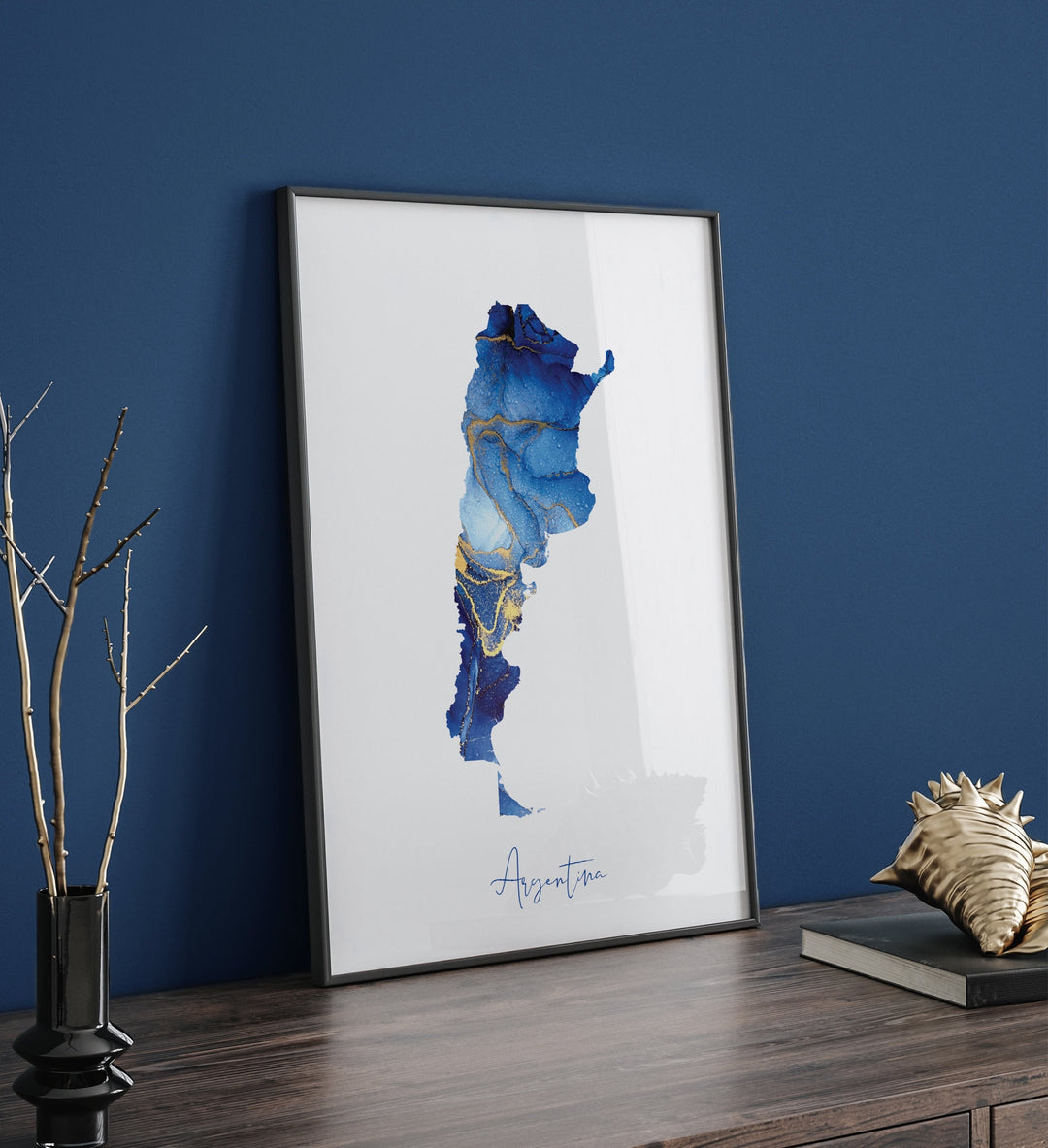 Argentina Map Blue and Gold Wall Art Print