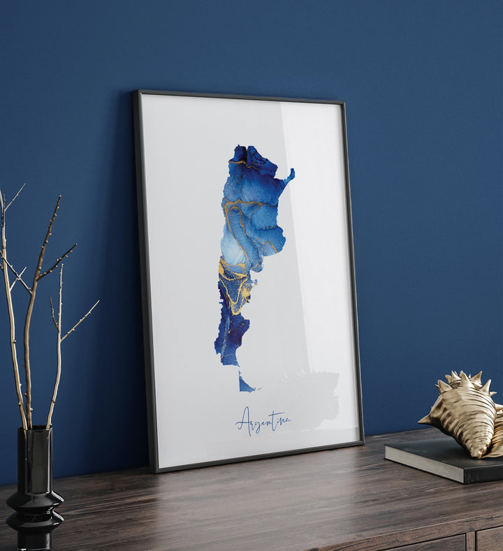 Argentina Map Blue and Gold Wall Art Print