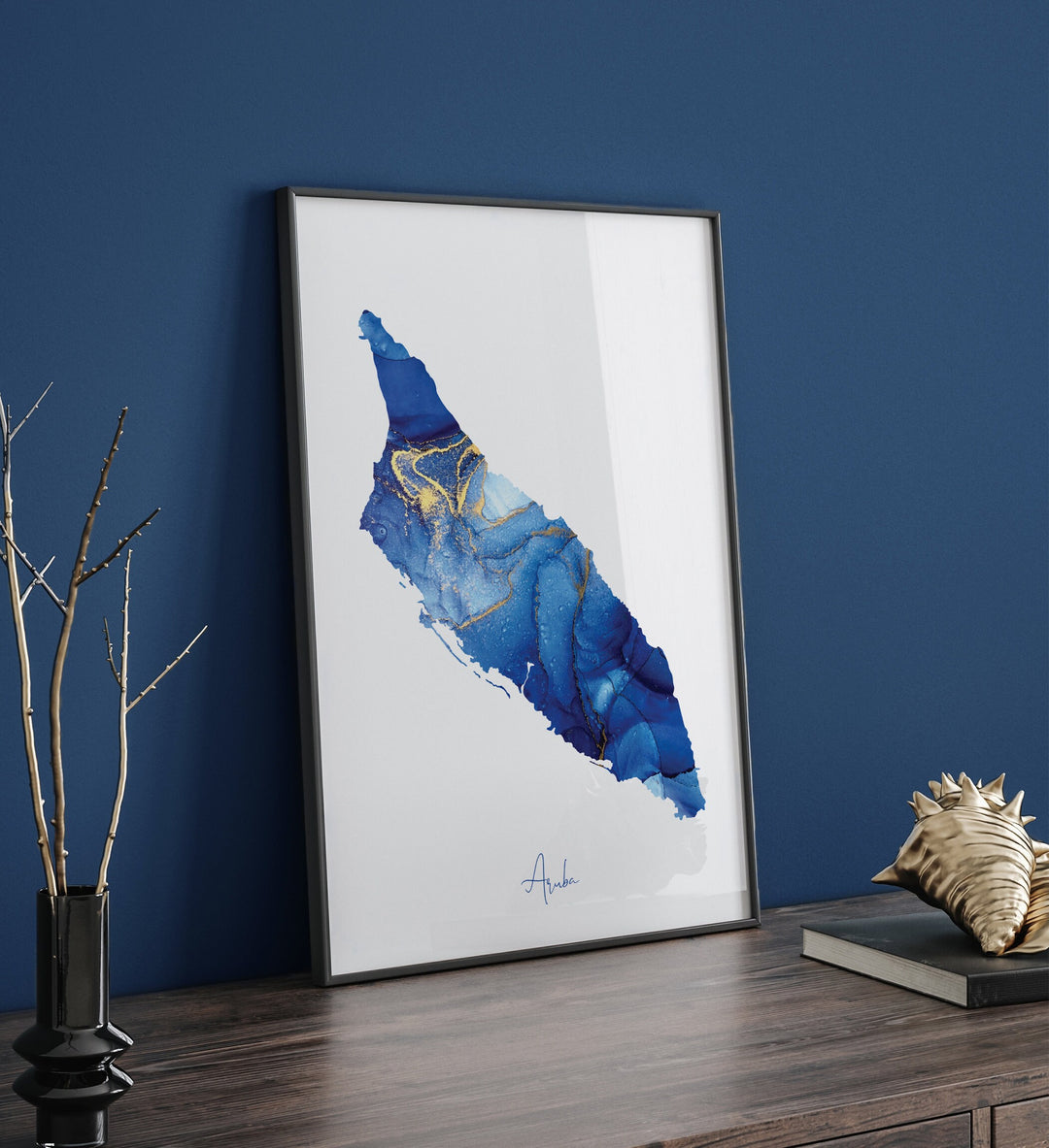 Aruba Map Blue and Gold Wall Art Print