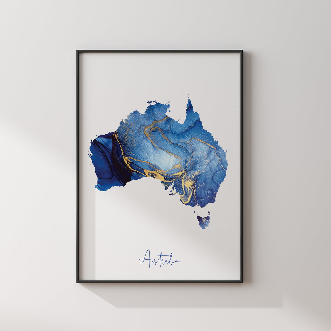 Australia Map Blue and Gold Wall Art Print