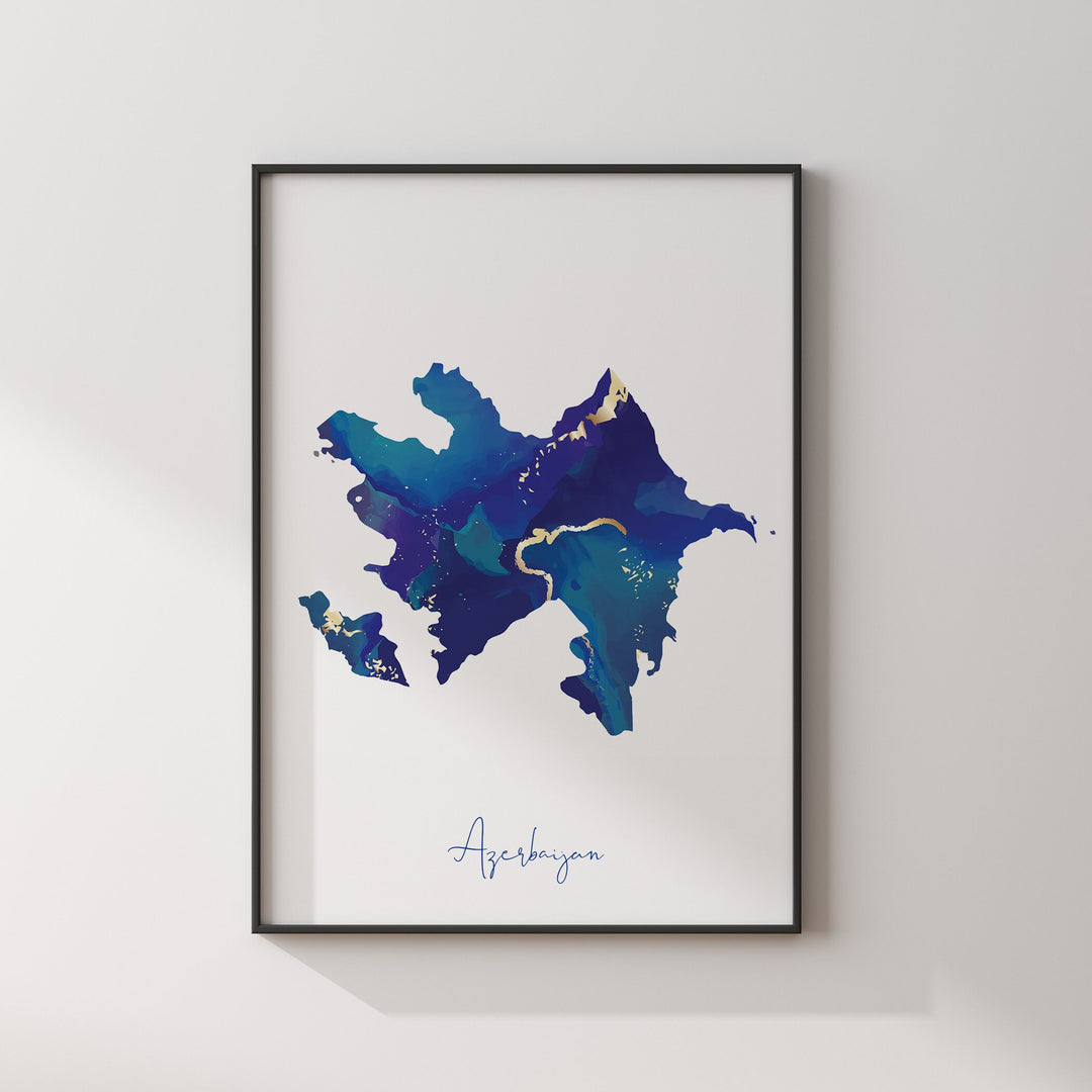 Azerbaijan Map Blue and Gold Wall Art Print
