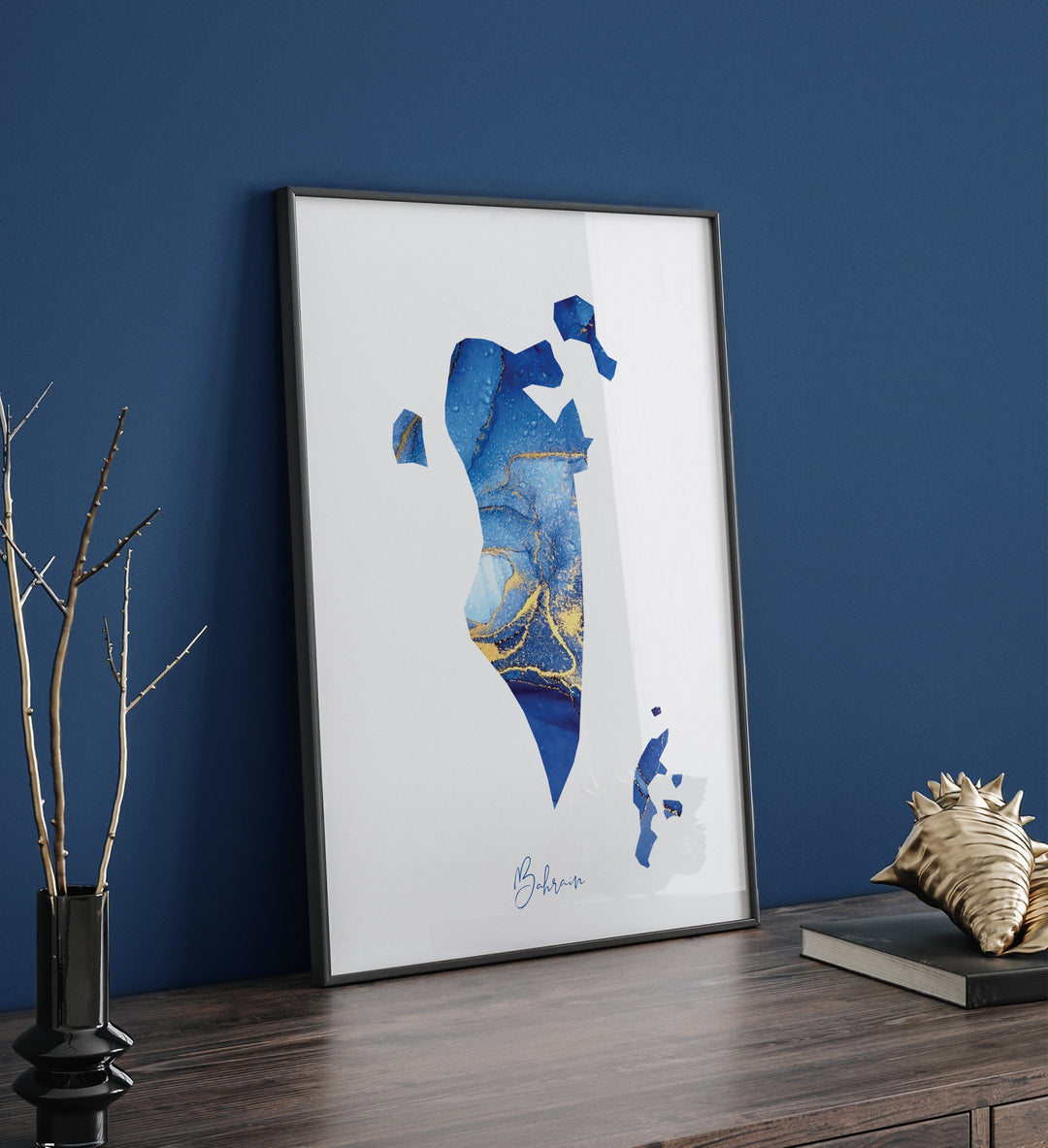 Bahrain Map Blue and Gold Wall Art Print