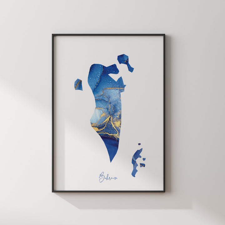 Bahrain Map Blue and Gold Wall Art Print