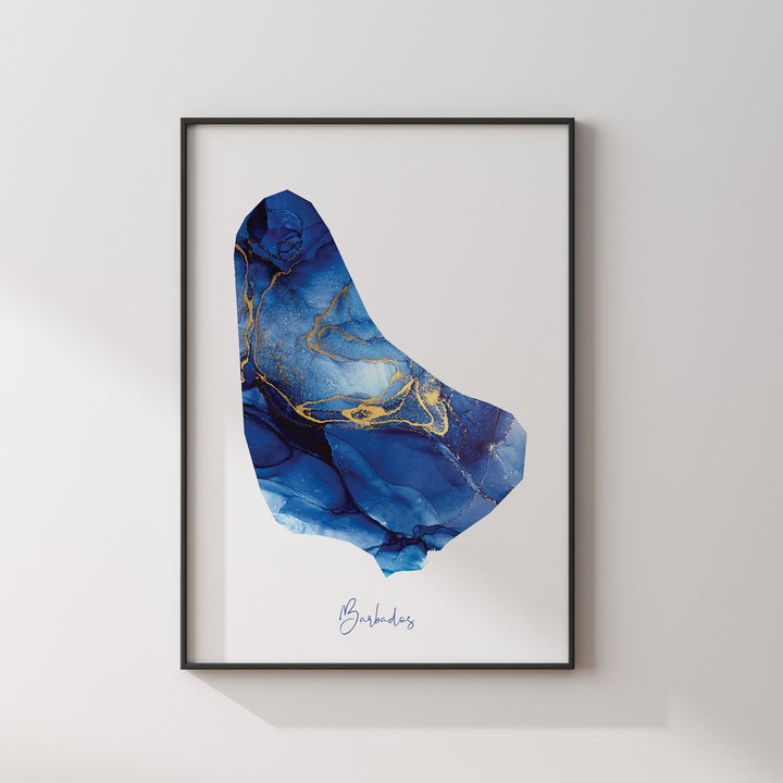 Barbados Map Blue and Gold Wall Art Print