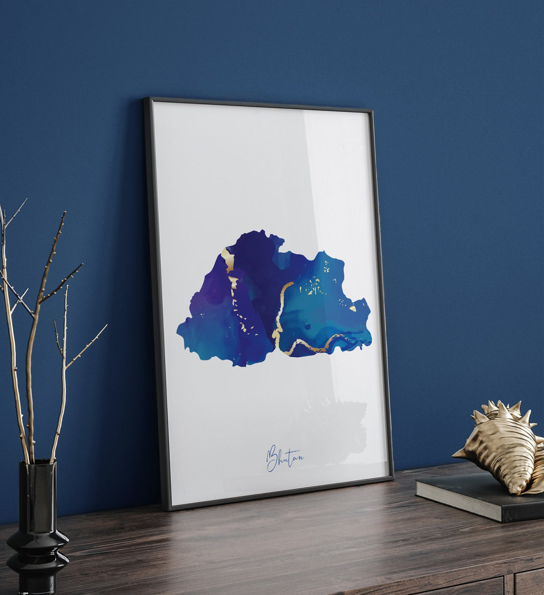 Bhutan Map Blue and Gold Wall Art Print