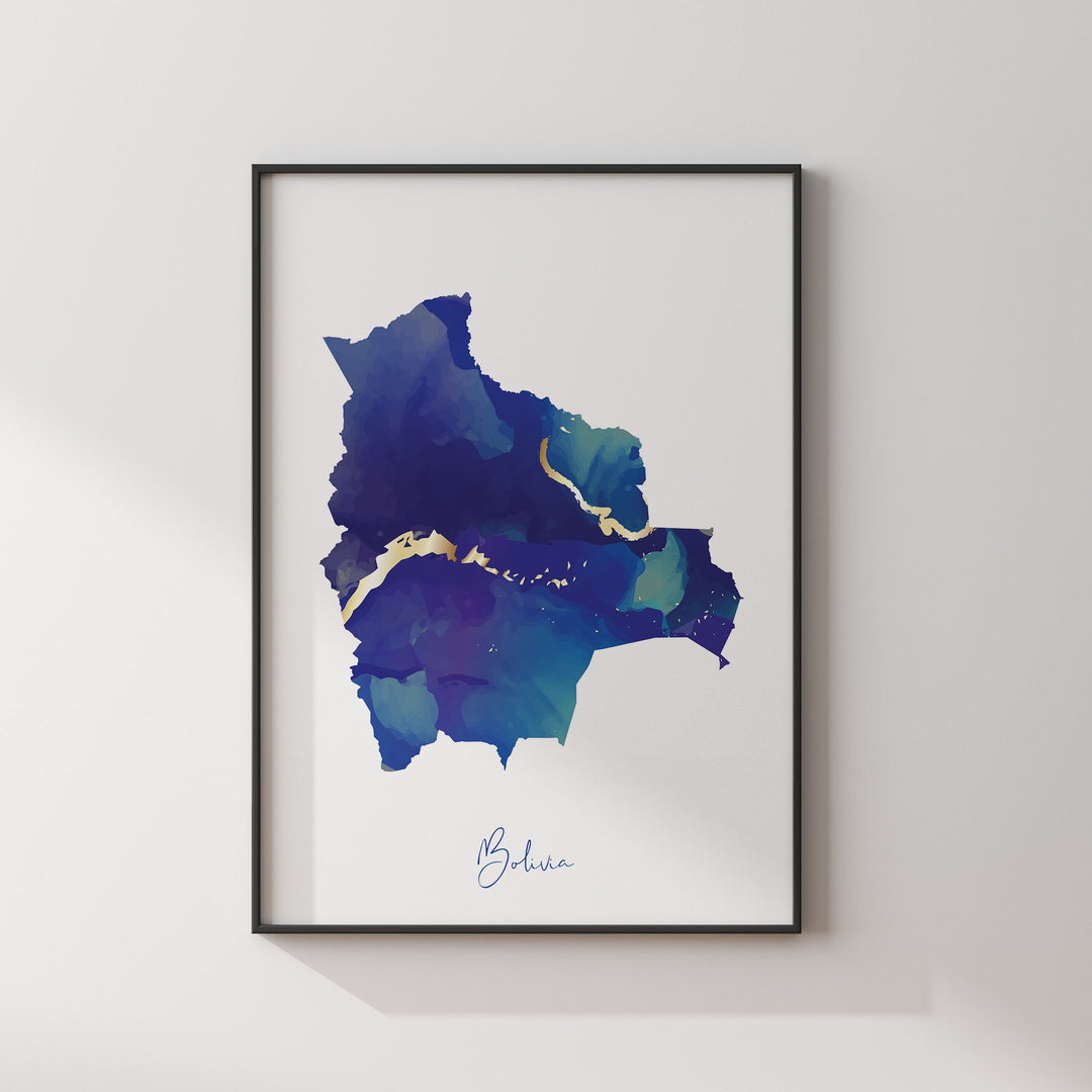 Bolivia Map Blue and Gold Wall Art Print