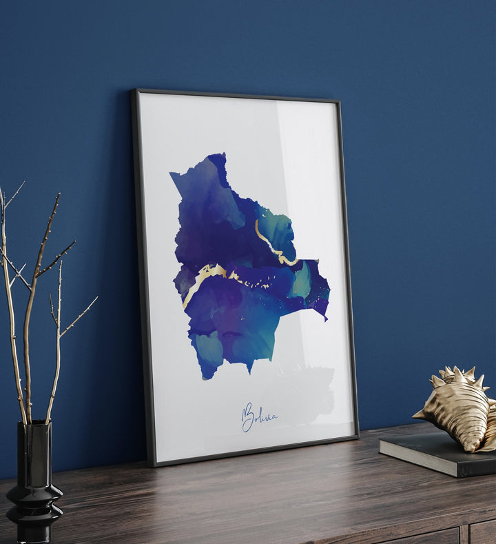 Bolivia Map Blue and Gold Wall Art Print