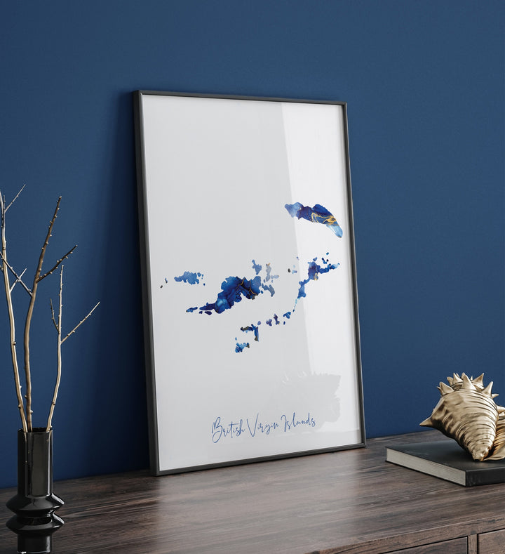 British Virgin Islands Map Blue and Gold Wall Art Print
