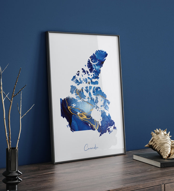 Canada Map Blue and Gold Wall Art Print
