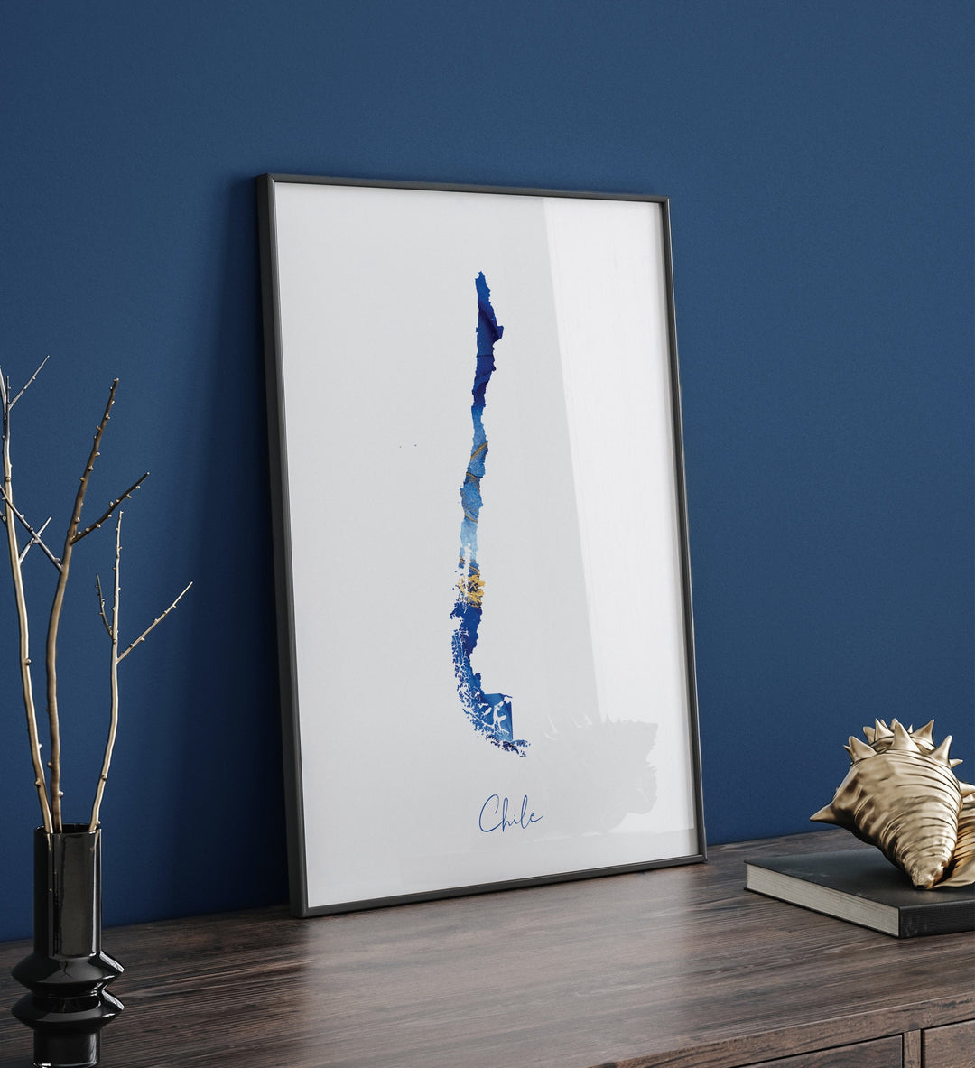 Chile Map Blue and Gold Wall Art Print