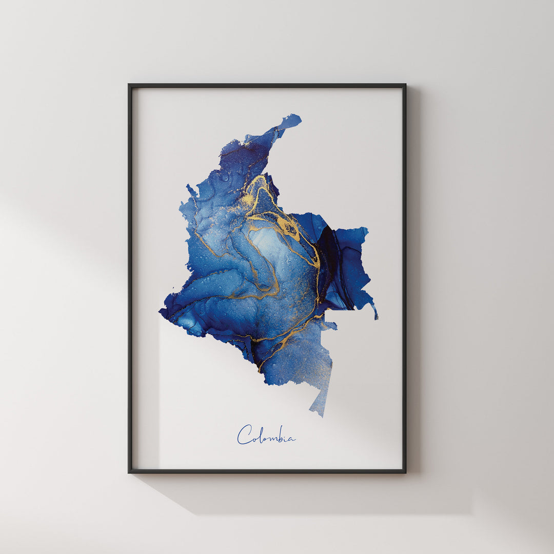 Colombia Map Blue and Gold Wall Art Print