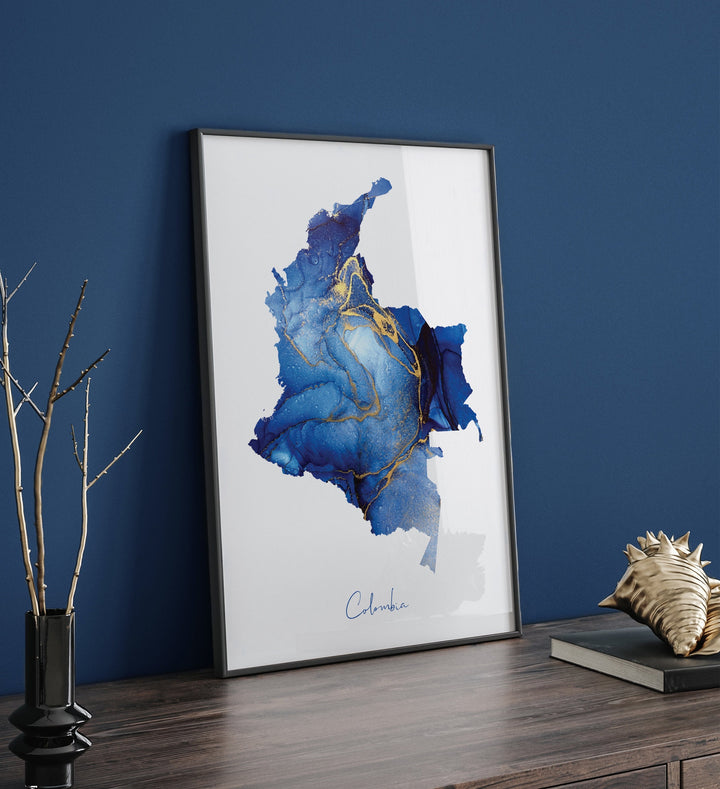 Colombia Map Blue and Gold Wall Art Print