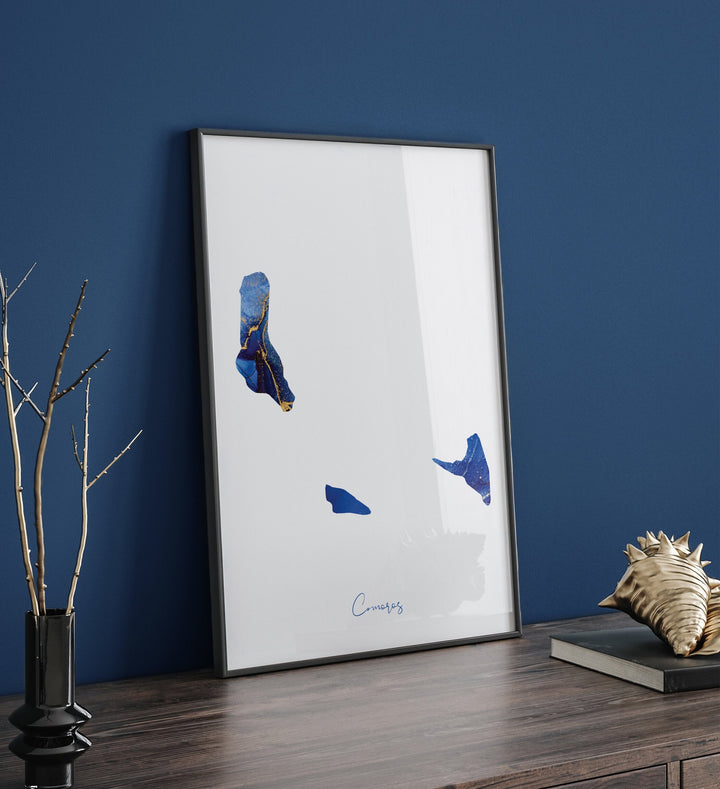Comoros Map Blue and Gold Wall Art Print