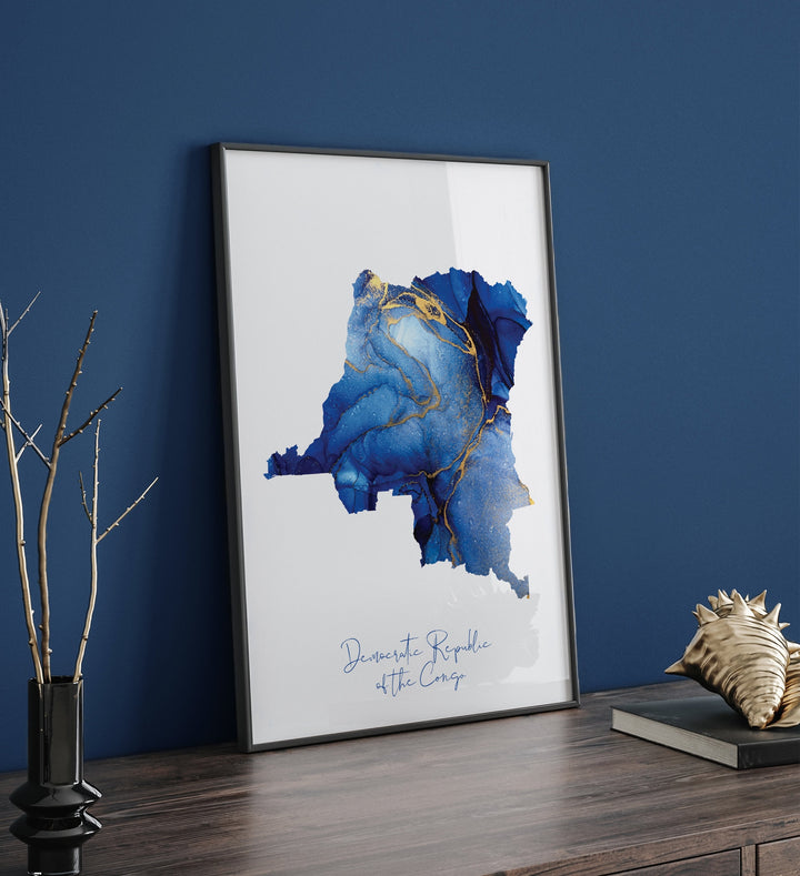 Congo Map Blue and Gold Wall Art Print