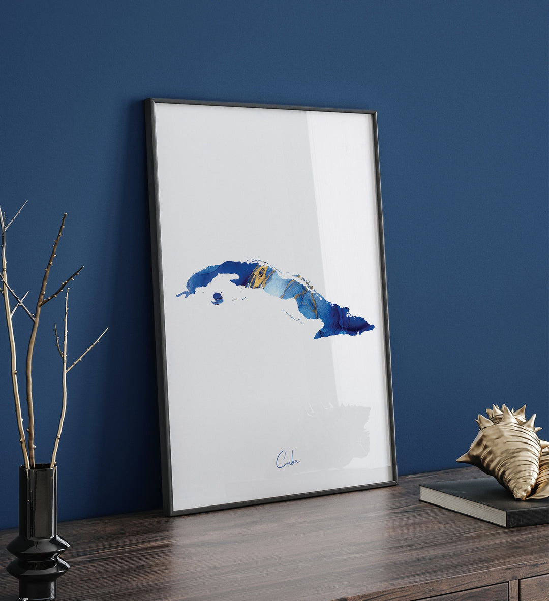 Cuba Map Blue and Gold Wall Art Print