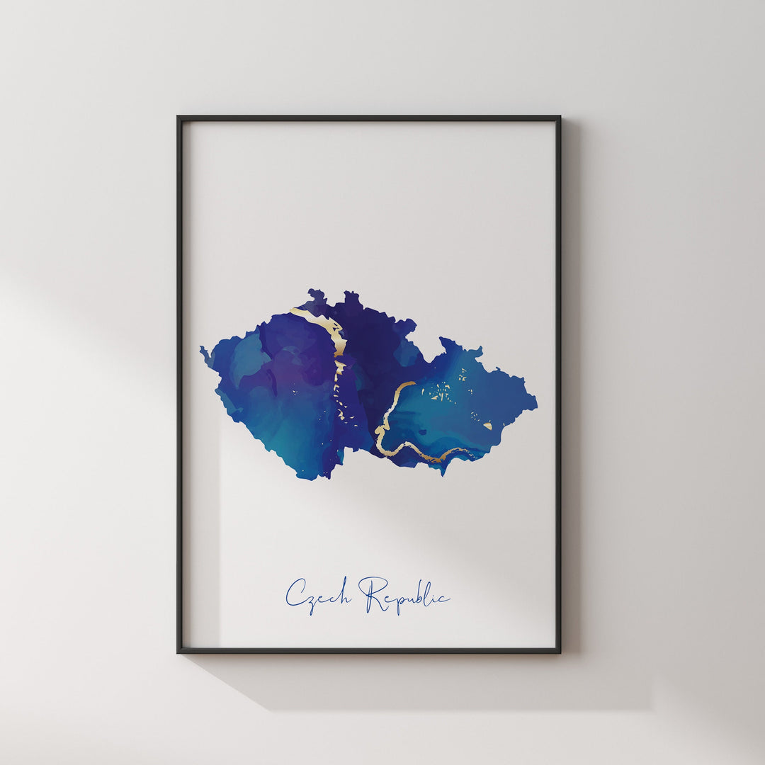 Czech Republic Map Blue and Gold Wall Art Print