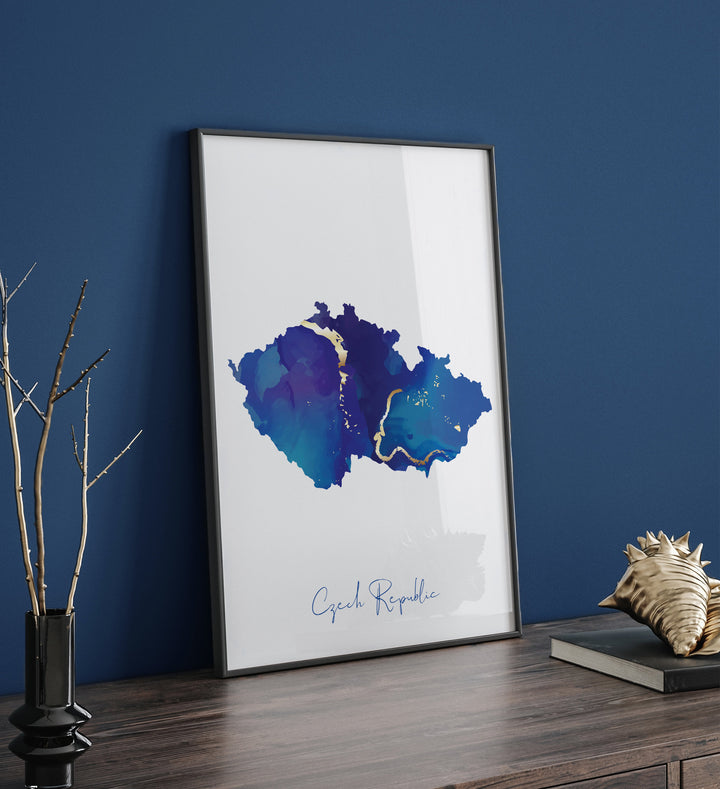 Czech Republic Map Blue and Gold Wall Art Print