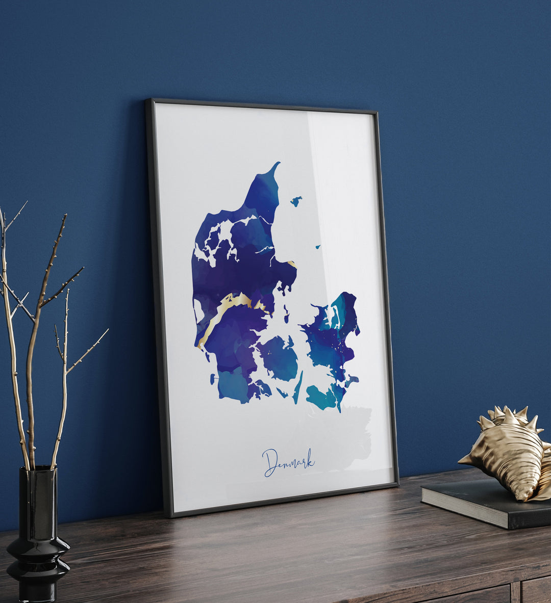 Denmark Map Blue and Gold Wall Art Print