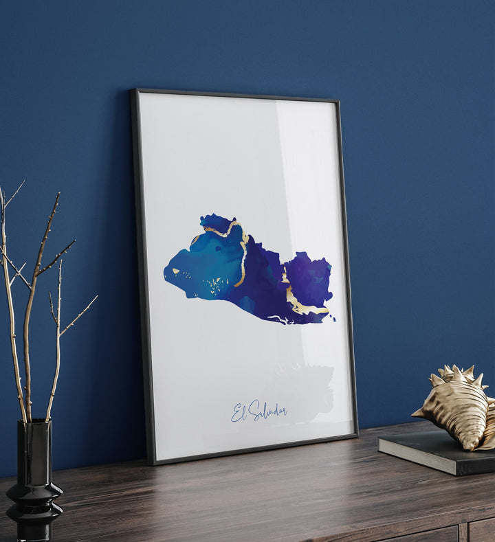 El Salvador Map Blue and Gold Wall Art Print