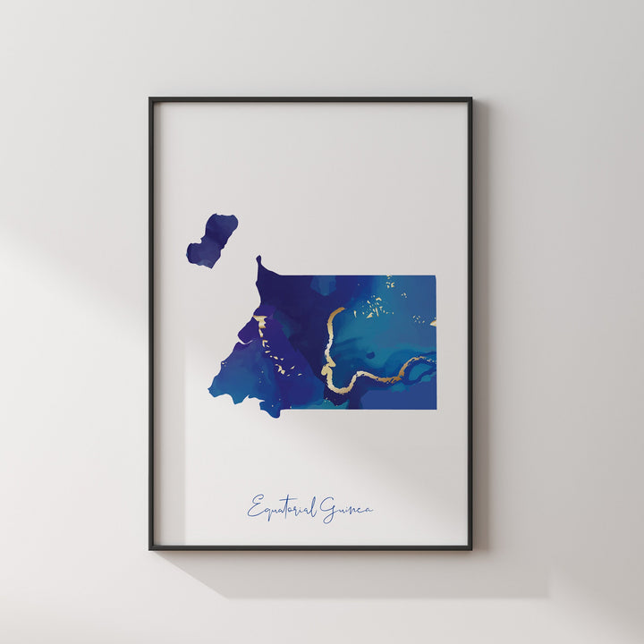 Equatorial Guinea Map Blue and Gold Wall Art Print